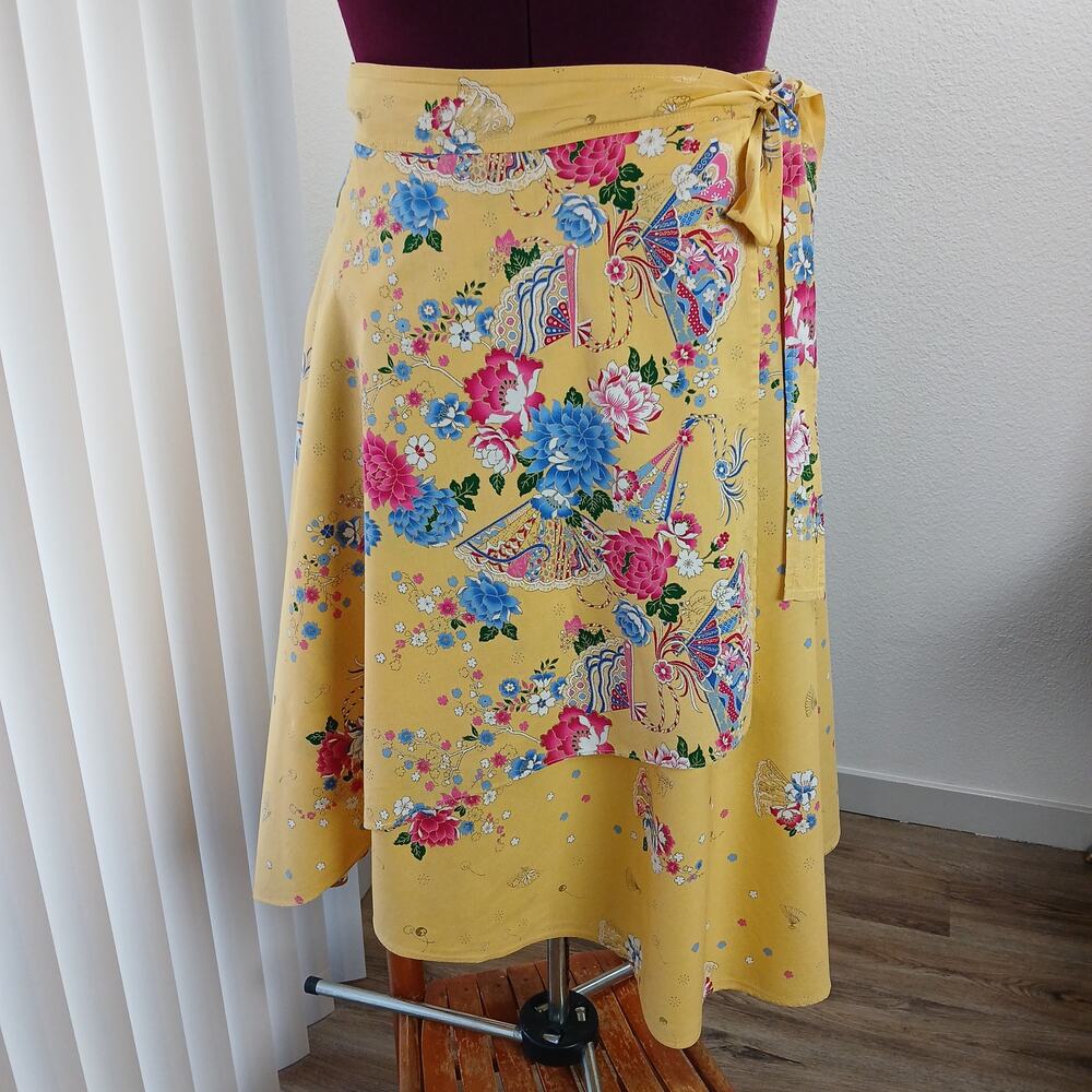 Yellow Floral Maxi Wrap Skirt Plus size OSFM cotton A-line circle Thailand - Picture 6 of 14